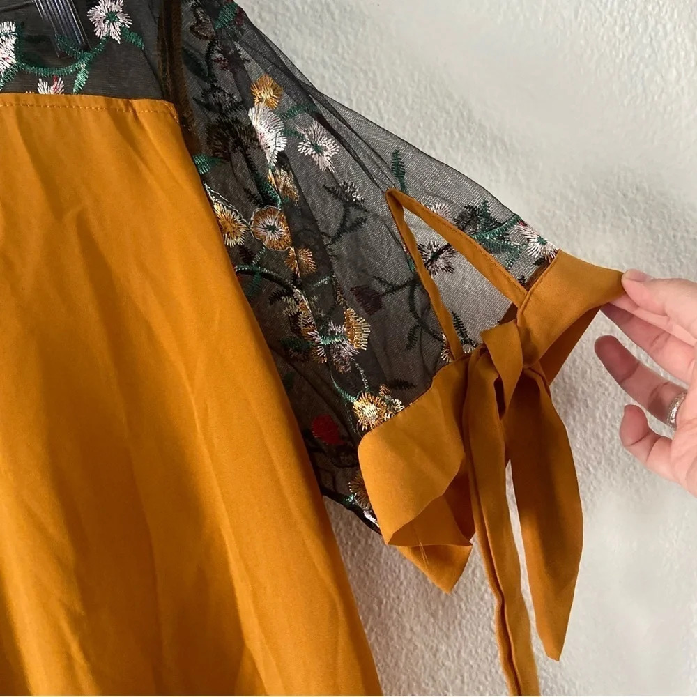 Mustard Yellow Folk Embroidered Eclectic Mesh Panel Top 3XL Boho Chic Plus - Picture 4 of 12